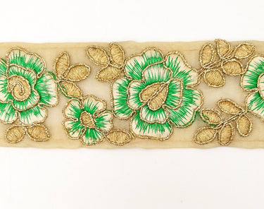 Green and Gold Floral Embroidery Trimming, Embroidered Roses Flowers Trim, Sheer Fabric Lace